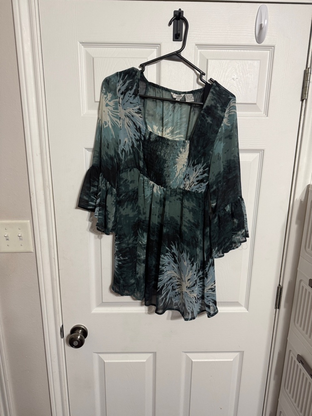 Flowy Teal Green Floral Tunic with Smocked Bodice